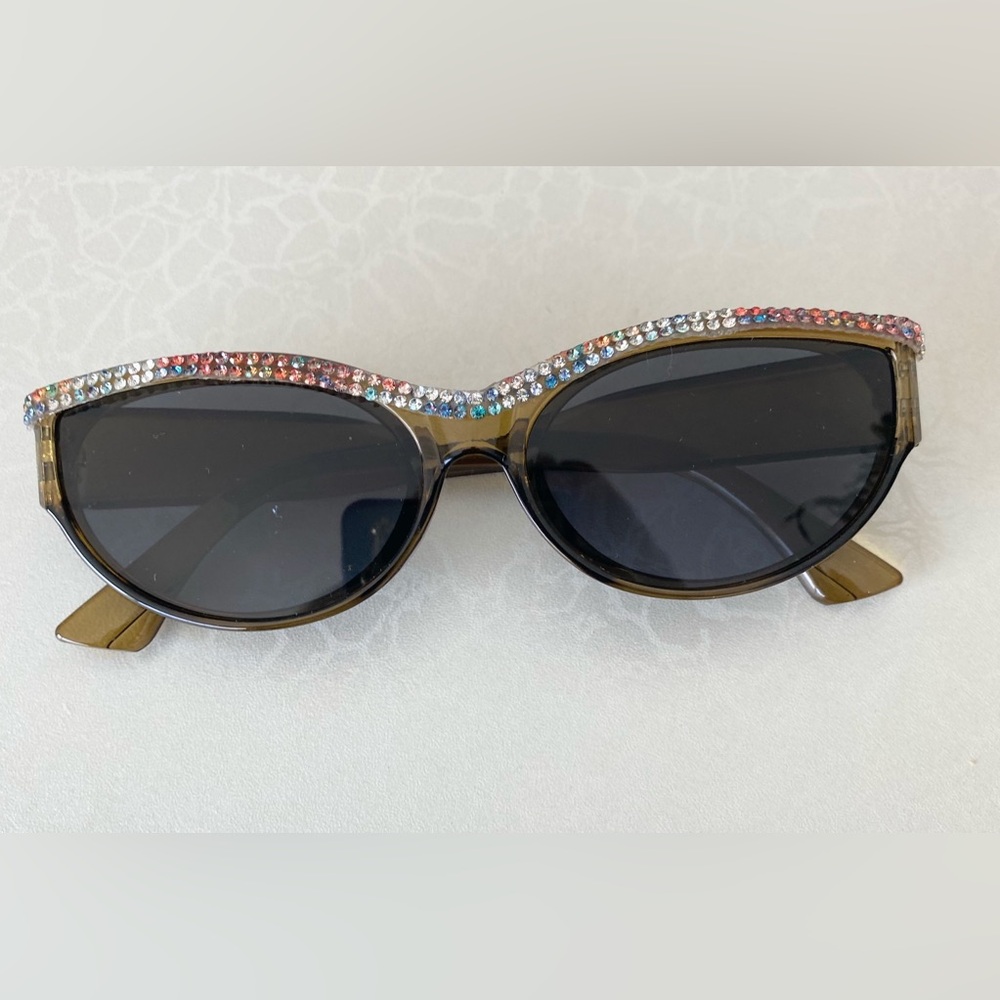 Brown Cat-Eye Sunglasses with Multicolor Crystal Trim